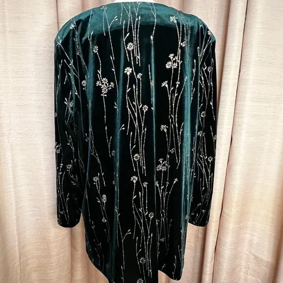 MSK Womens Plus 24W Green Velvet Floral Embroidered Top/Pants Set Holiday Career